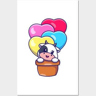 Cute cow flying with love balloon cartoon Posters and Art